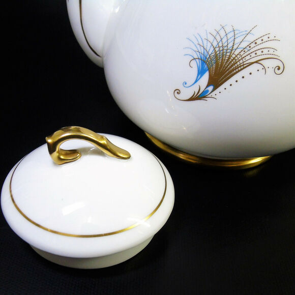 VTG Windsor England c1950 Porcleain TEAPOT Caribbean Gold Blue Peacock MCM - Picture 6 of 12